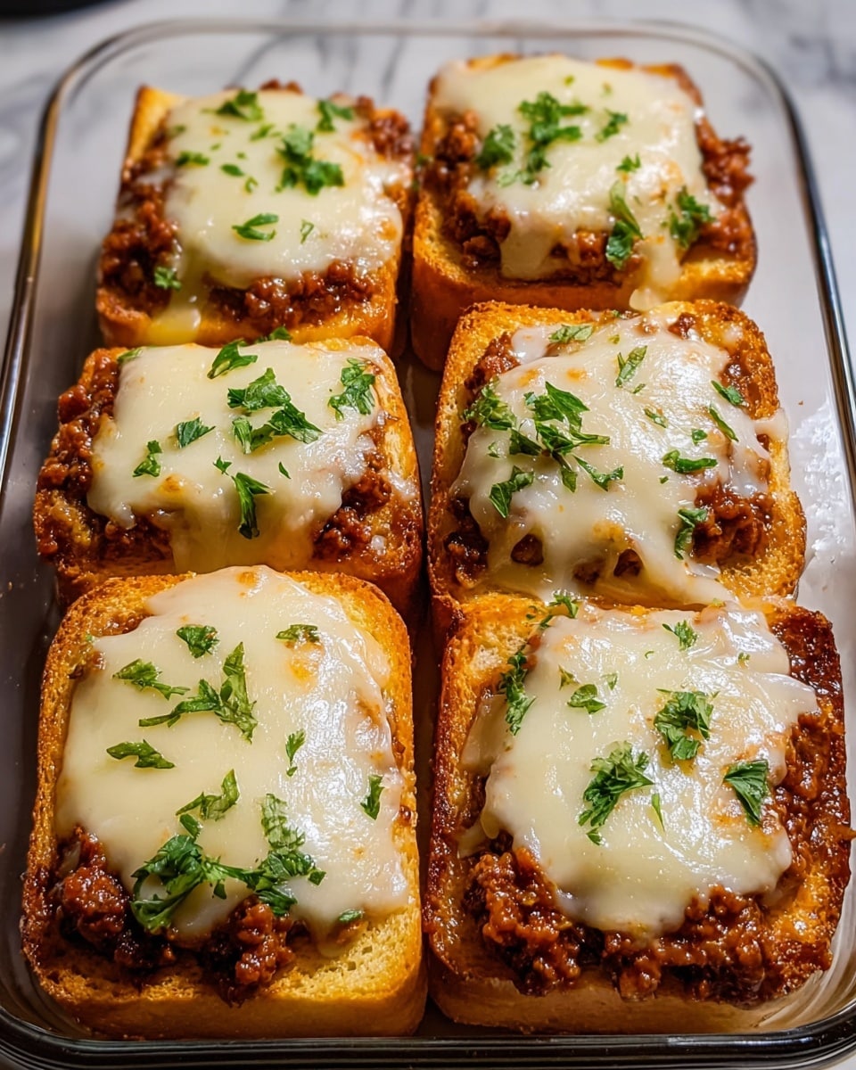 The image shows six pieces of toasted bread arranged in two rows inside a glass baking dish. Each piece has three visible layers: a thick, golden toasted bread base with a slightly crispy texture, a middle layer of chunky reddish-brown cooked ground meat with sauce, and a top layer of melted white cheese that looks gooey and smooth. Small green parsley leaves are sprinkled on top of each piece, adding a fresh, vibrant accent. The dish is placed on a white marbled texture surface and the close-up angle highlights the melted cheese and meat texture. photo taken with an iphone --ar 4:5 --v 7