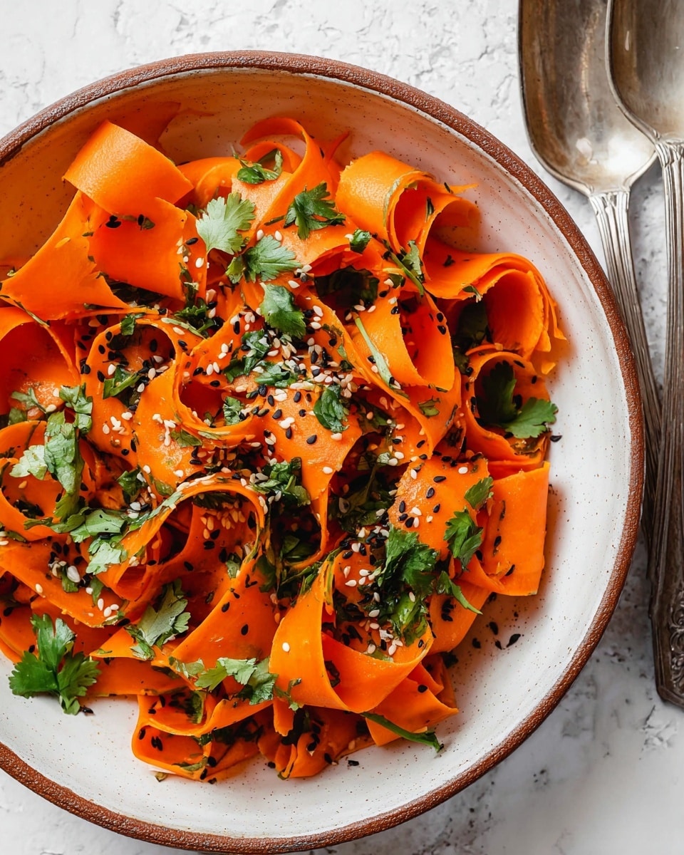 The image shows a bowl filled with thin, wide ribbons of bright orange carrot curls, twisted and layered loosely inside. Scattered on top are small pieces of fresh green cilantro leaves and a mix of black and white sesame seeds. The bowl is white with a brown rim, placed against a white marbled texture surface. In the top right, two vintage silver utensils partially appear on the side. The colors are vibrant with a fresh and light look. photo taken with an iphone --ar 4:5 --v 7