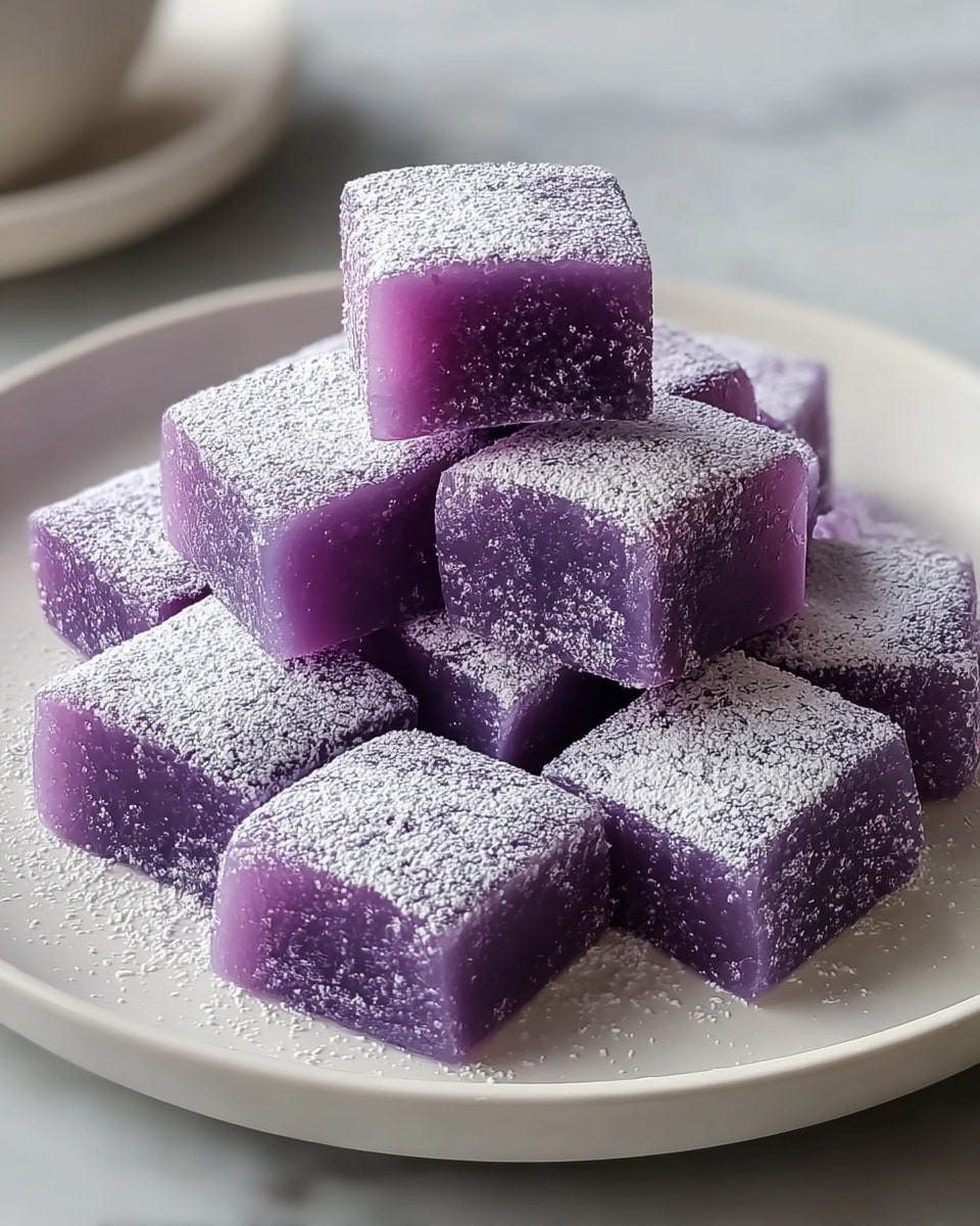 A white plate holds ten small, cube-shaped sweets that are deep purple in color with a soft, smooth texture. Each cube is evenly dusted on top with a fine layer of white powder, giving them a slightly frosted look. The cubes are stacked loosely in the center of the plate, showing their thick and slightly matte surface. The plate sits on a white marbled texture, creating a clean and simple background that makes the vibrant purple color of the sweets stand out. photo taken with an iphone --ar 4:5 --v 7