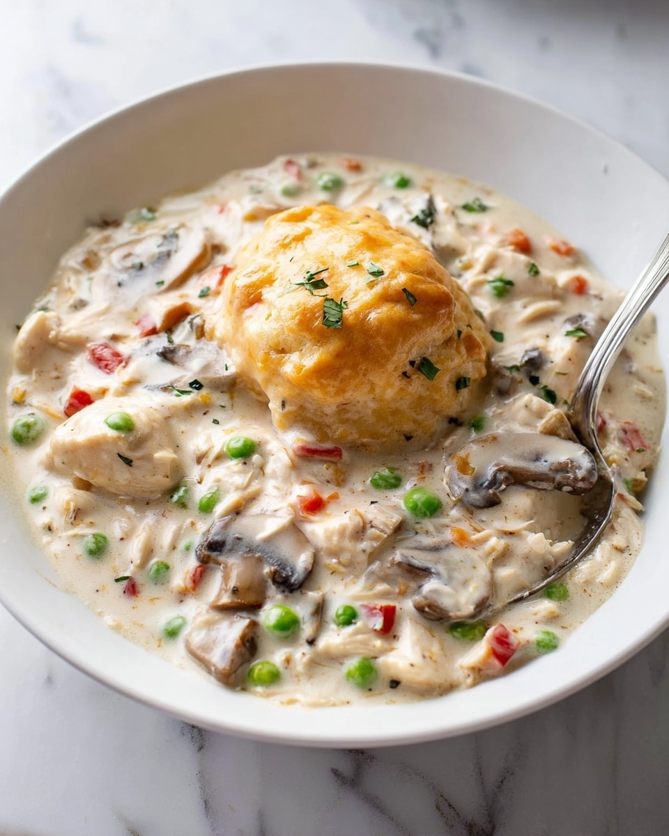 A large green pot filled with thick creamy white stew that contains visible chunks of white chicken pieces, green peas, sliced mushrooms, and small bits of red bell pepper, all mixed with herbs and spices. A wooden spoon is dipped into the stew, showing a smooth creamy texture. In the background, there are three golden brown biscuits, slightly out of focus, placed on a white marbled surface. The overall look is warm and inviting. photo taken with an iphone --ar 4:5 --v 7