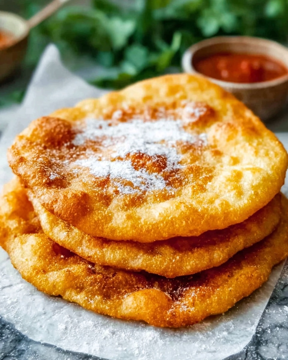Three golden brown fried flatbreads stacked on top of each other, each with a slightly bubbly and crispy texture. The top flatbread has a small sprinkle of white powder, likely flour or sugar. The flatbreads sit on a white plate, placed on a white marbled surface. In the blurry background, there are green leafy herbs on the left and small bowls containing red sauce on the right. Photo taken with an iphone --ar 4:5 --v 7