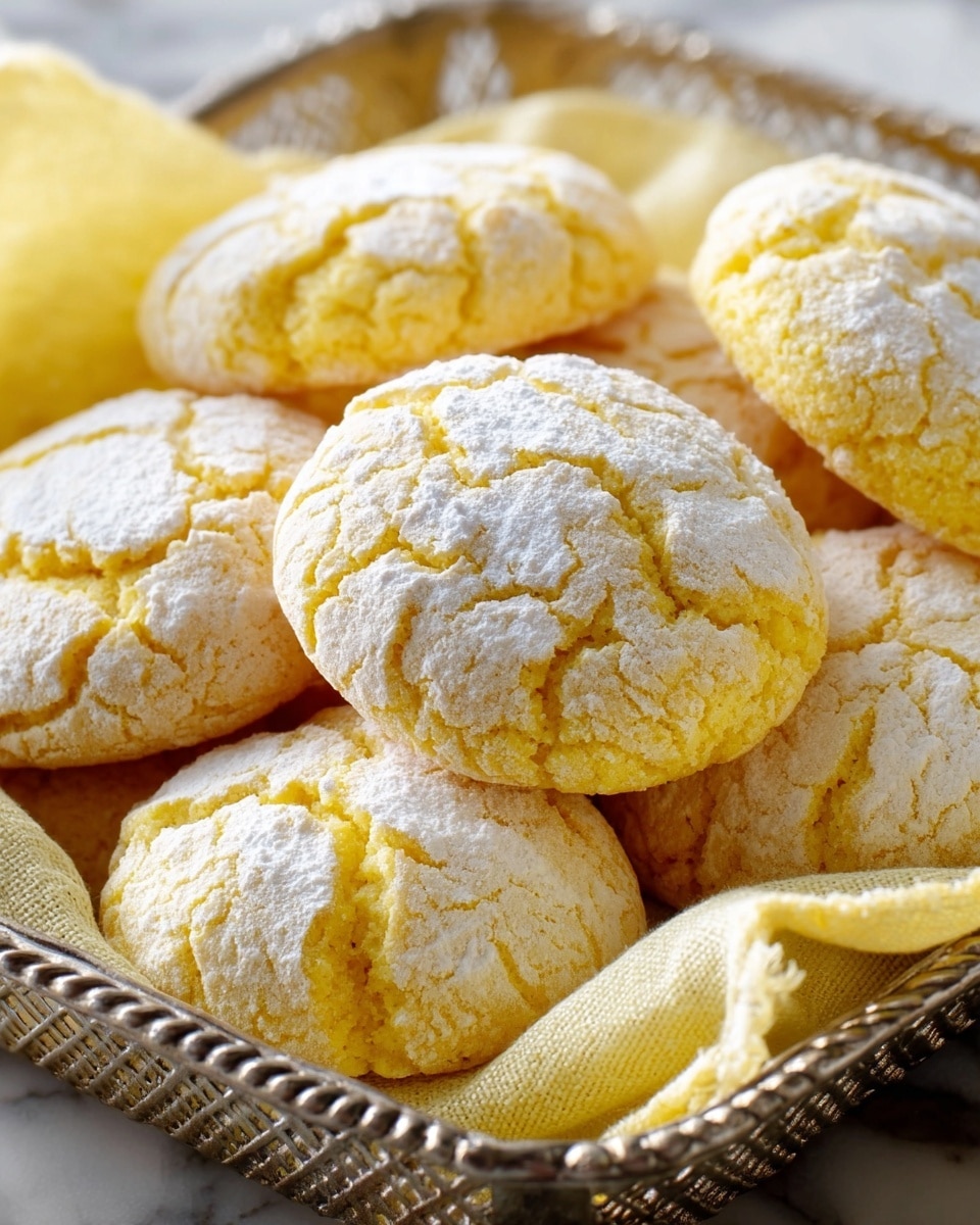 A close-up view of several round cookies with a cracked surface covered in powdered sugar, showing a soft yellow dough beneath the white cracks. The cookies are placed tightly together in a silver rectangular tray lined with a soft yellow cloth. The background is a white marbled texture, highlighting the warm, cozy feel of the baked goods. Photo taken with an iphone --ar 4:5 --v 7