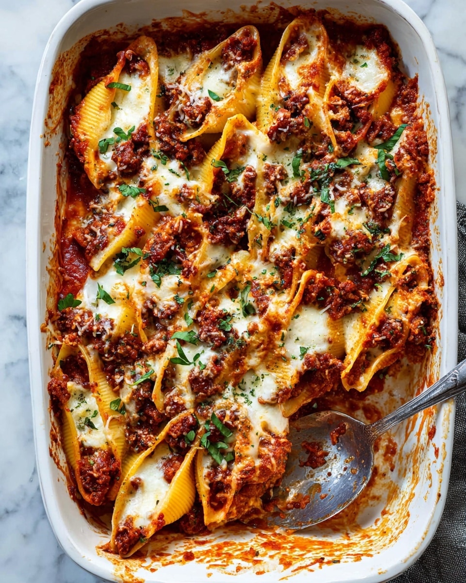 A white baking dish filled with baked pasta shells layered with bright red tomato sauce, melted white cheese, and dark brown browned bits of sauce or meat. The pasta shells are large, yellow, and folded over, showing creamy white and light orange cheese filling inside. The top layer is covered with scattered fresh green parsley leaves. The edges of the dish have splattered sauce stains, and a silver spoon lifts some of the pasta, revealing layers of melted cheese and sauce. The dish sits on a white marbled surface with a striped cloth under one corner. Photo taken with an iphone --ar 4:5 --v 7