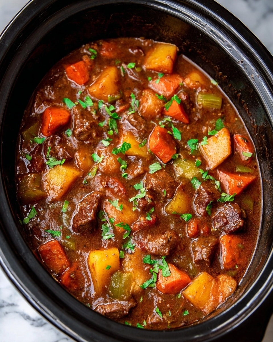 A close-up of a wooden bowl filled with hearty beef stew, showing large chunks of tender brown beef, bright orange carrot pieces, and golden potato chunks in a thick, rich brown broth, all topped with small green parsley leaves. The bowl sits on a white plate with a silver spoon and a white cloth napkin beside it. In the background, there is sliced white bread on a white plate. The setting is on a white marbled surface. photo taken with an iphone --ar 4:5 --v 7