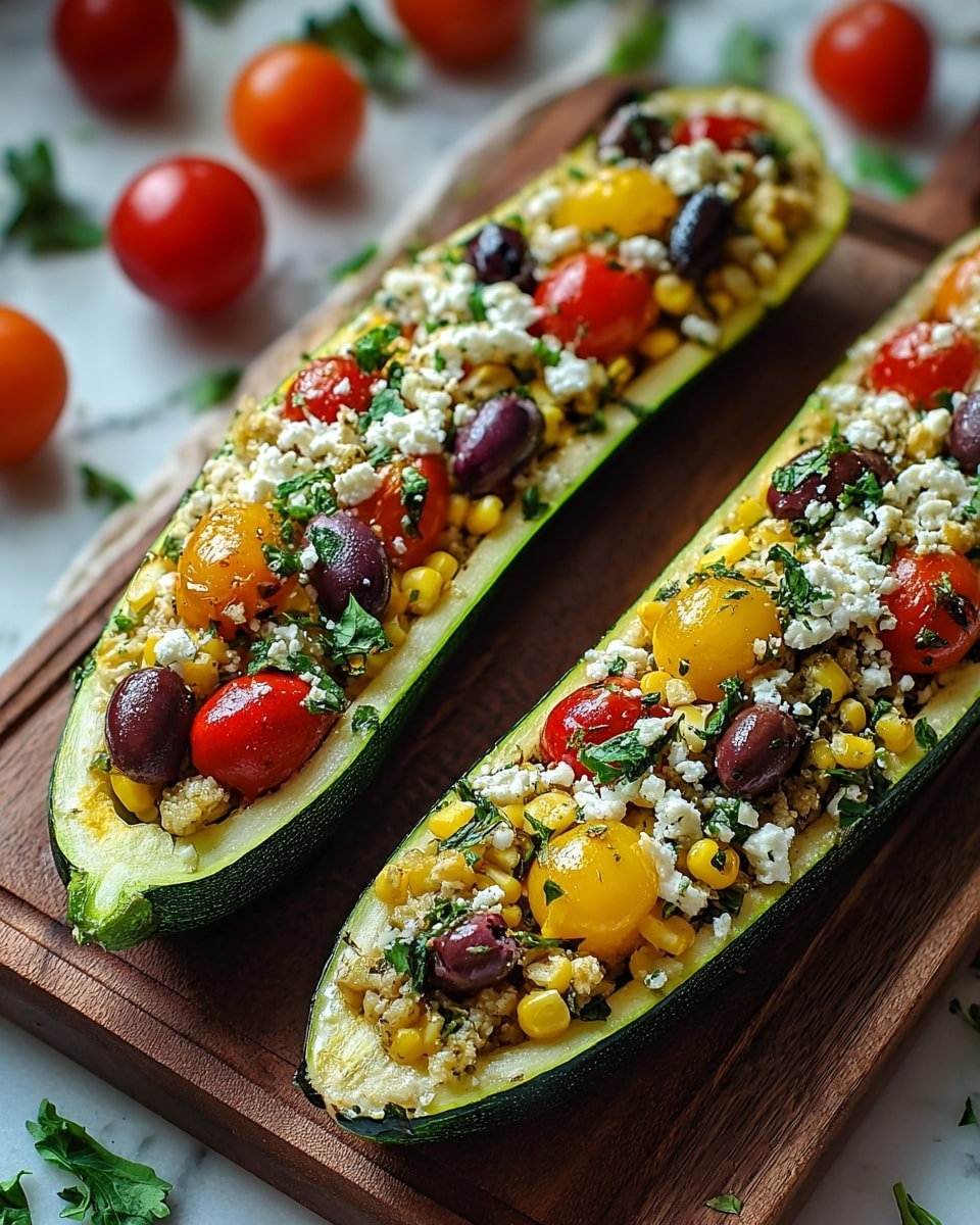 Two zucchini halves are hollowed out and filled with layers of colorful ingredients, arranged side by side on a white plate with a wooden rim. The bottom layer inside the zucchini is yellow and grainy, likely cooked quinoa or couscous. On top of this are red cherry tomato halves and black olives scattered evenly. The next layer is white crumbled cheese, sprinkled generously across the filling. Small green herb pieces are scattered on top and a few around the plate. The plate sits on a white marbled surface with blurred red tomatoes and green leaves in the background. photo taken with an iphone --ar 4:5 --v 7
