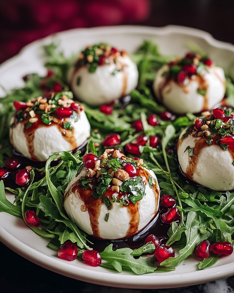 The image shows a round white plate filled with a bed of fresh, dark green arugula leaves as the first layer. On top, there are five white smooth mozzarella balls arranged evenly. Each mozzarella ball is garnished with finely chopped green herbs, bright red pomegranate seeds, and small pieces of crushed light brown nuts. A glossy dark brown sauce is drizzled over the cheese and toppings, creating a shiny, appetizing look. Scattered pomegranate seeds add bright red pops of color around the plate edges. The plate sits on a white marbled surface with a dark, slightly blurred background featuring hints of deep red fabric. photo taken with an iphone --ar 4:5 --v 7
