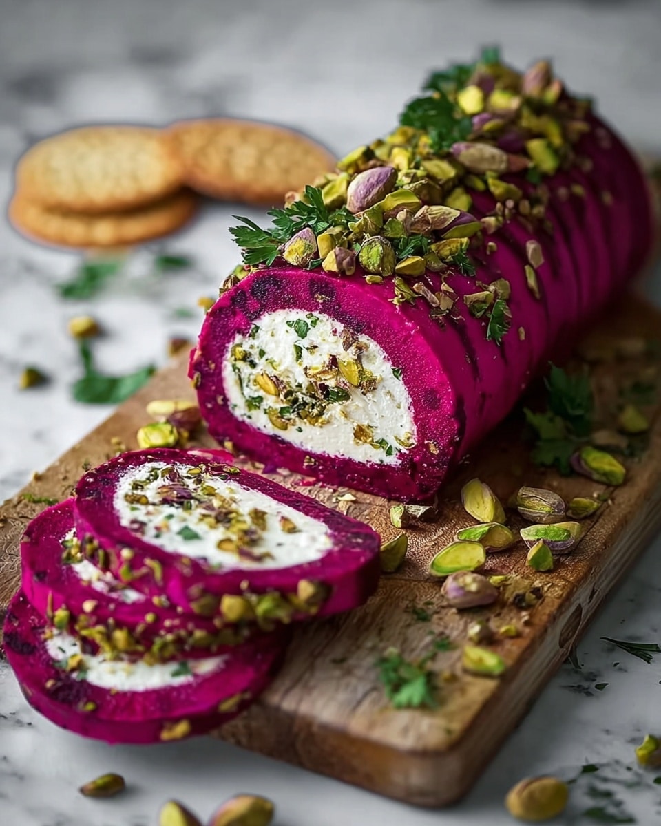 The image shows a beetroot roll with three visible layers placed on a wooden cutting board against a white marbled surface. The outer layer is a deep magenta color, smooth and glossy, made from sliced beetroot tightly wrapped around the other layers. The middle layer is creamy white, soft in texture, and contains small pieces of chopped nuts and herbs inside. The center has finely chopped green pistachios and herbs, which add texture and contrast. The top of the beetroot roll is covered with whole pistachios and fresh green herb leaves. Several slices of the beetroot roll reveal the colorful layers and are scattered along with some crackers and beetroot slices. Photo taken with an iphone --ar 4:5 --v 7