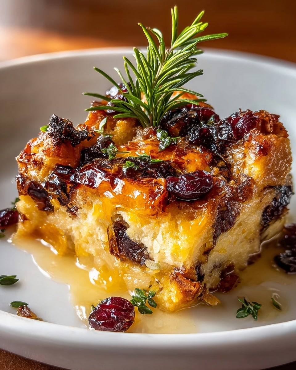 The dish shows a thick slice of layered casserole on a white plate, placed on a white marbled texture surface. The bottom layer is a soft, orange squash base with smooth texture, topped by a creamy, gooey cheese sauce layer that slowly melts down the sides. Above the cheese, there is a golden-browned crispy cheese crust with melted, bubbly spots. Scattered on top and around the piece are glossy, deep red dried cranberries, adding a chewy texture. A fresh green rosemary sprig crowns the dish, adding color contrast and freshness. photo taken with an iphone --ar 4:5 --v 7
