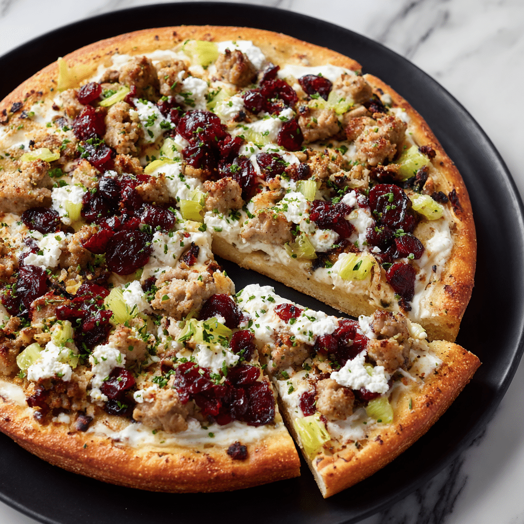 The image shows a pizza with a golden brown crust as the base, topped with a creamy white sauce layer. On top, there are dollops of white ricotta cheese, chunks of cooked sausage with a crumbly texture, small pieces of green celery, and spread out dollops of dark red cranberry sauce, creating a rich contrast. The pizza is garnished with a light sprinkle of chopped fresh green herbs. It is served on a black pizza pan placed on a white marbled surface, with one slice slightly pulled away. Photo taken with an iphone --ar 4:5 --v 7
