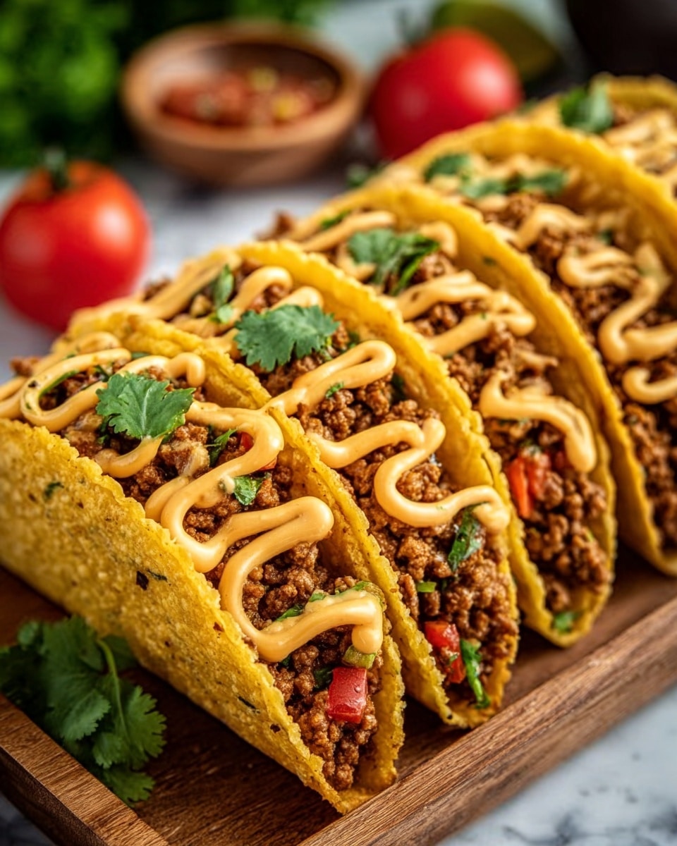 The image shows a wooden tray filled with several hard shell tacos standing upright in a row. Each taco has a golden-yellow crisp shell filled with cooked ground meat mixed with green herbs and small bits of red tomato. On top of the meat, there is a drizzle of creamy light orange sauce spread in a zigzag pattern. Fresh green cilantro leaves are placed on the very top of each taco for garnish. The background is a white marbled surface with some blurred red tomatoes and green herbs visible in the distance. Photo taken with an iphone --ar 4:5 --v 7