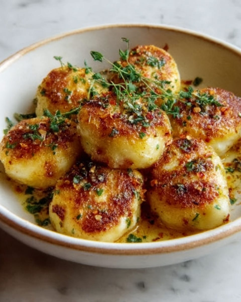The image shows a white shallow bowl filled with eight browned, round, thick gnocchi pieces arranged closely together. Each gnocchi has a golden-brown crispy top layer with a soft, light creamy white inside. They are sprinkled with finely chopped dark green herbs and sit in a light yellow butter or sauce pool at the bottom of the bowl. The texture of the gnocchi looks soft with a slight crisp on top, and the herbs add fresh green dots throughout. The bowl is set on a white marbled texture surface. photo taken with an iphone --ar 4:5 --v 7