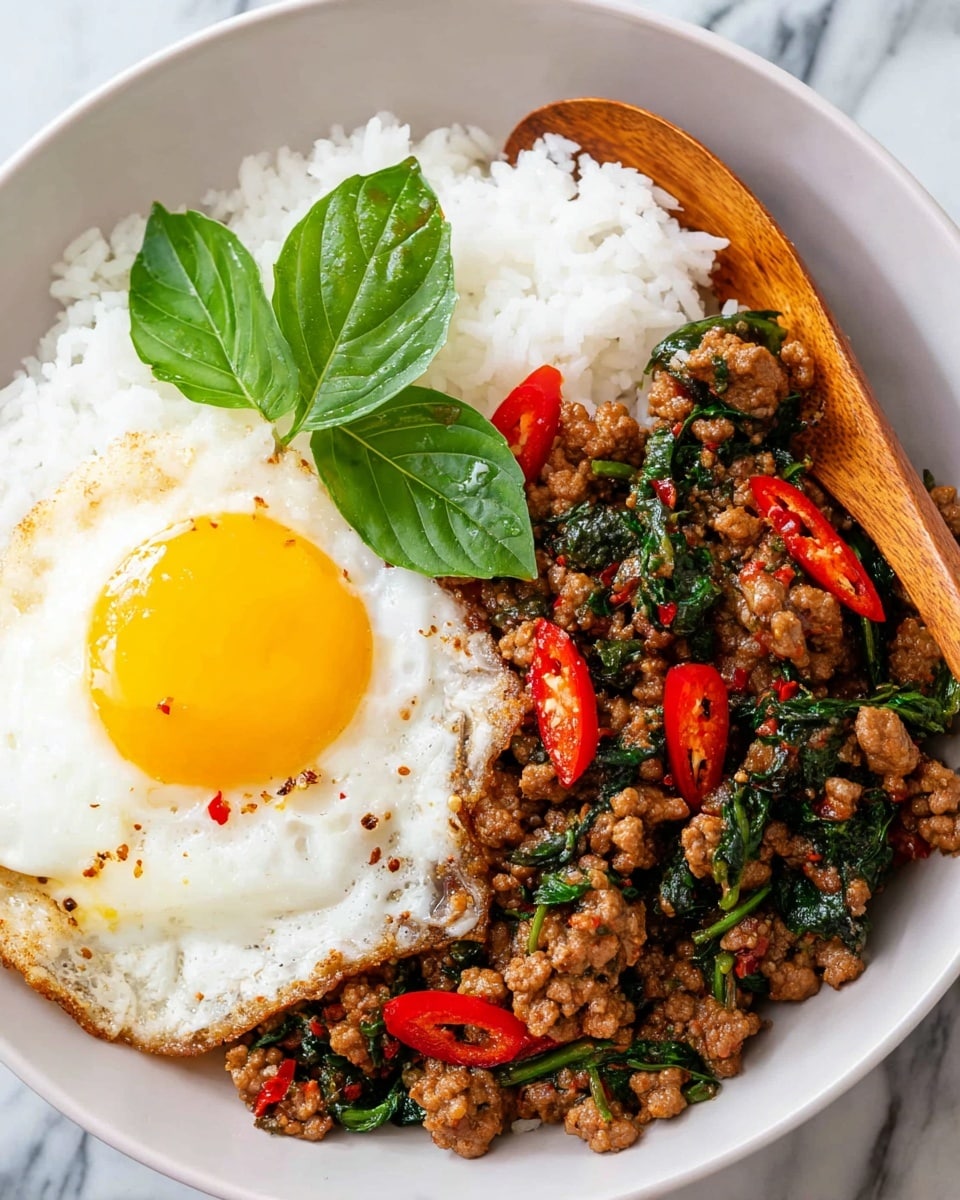 A white plate shows three main layers: on the right, there is a neat mound of white rice; on the left, there is stir-fried ground meat mixed with bright red bell pepper slices, dark green leafy vegetables, and chopped green onions, all sprinkled with black and white sesame seeds, giving a textured look; on top of the meat, there is a sunny-side-up fried egg with a bright yellow yolk and slightly crisp white edges. The plate is set on a white marbled surface. photo taken with an iphone --ar 4:5 --v 7