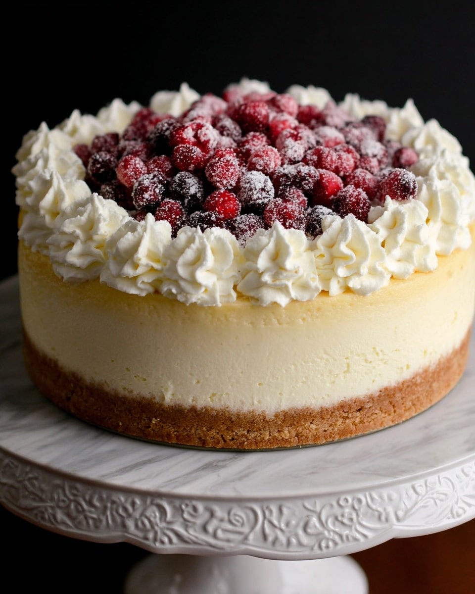 A round cake with three visible layers stands on a white decorative cake stand. The bottom layer is a thick, crumbly brown crust, the middle layer is a smooth and creamy pale yellow filling, and the top layer is covered with white whipped cream that has a slightly textured finish. Around the edge of the top, there are small swirls of whipped cream evenly spaced. In the center, a cluster of shiny red and purple berries covered in sugar crystals create a frosted look, adding bright color and texture contrast. The whole setup is shown against a black background with the cake stand placed on a white marbled surface. photo taken with an iphone --ar 4:5 --v 7