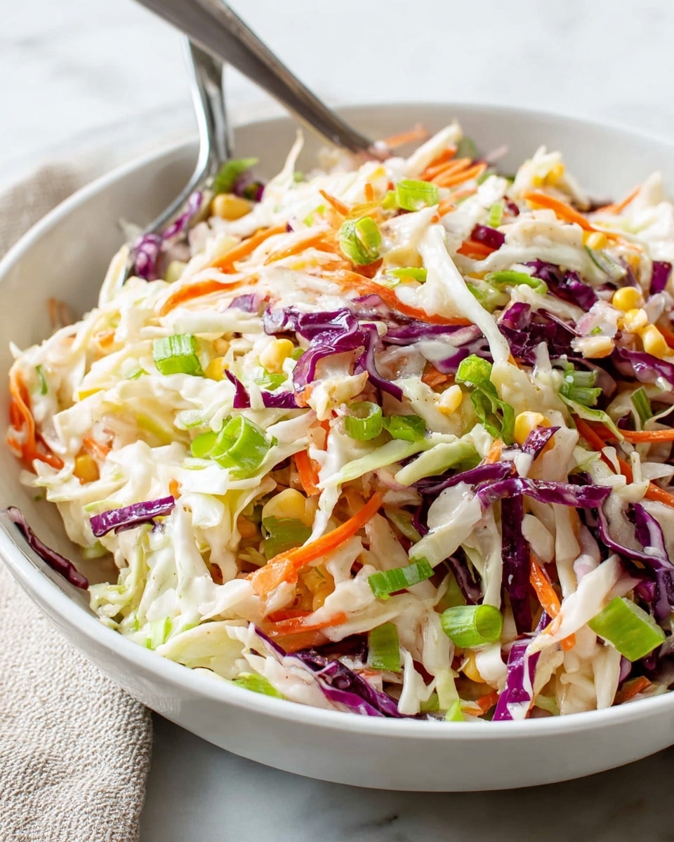 A bowl of coleslaw with three visible layers of shredded vegetables in a white bowl on a white marbled surface. The bottom layer is mainly white and light green shreds of cabbage. The second layer shows bright orange carrot sticks and some pale yellow corn kernels mixed in. The top layer has deep purple cabbage shreds and is dotted with small, bright green slices of spring onion. Two metal serving spoons are placed inside the bowl, mixing the colorful vegetables. photo taken with an iphone --ar 4:5 --v 7