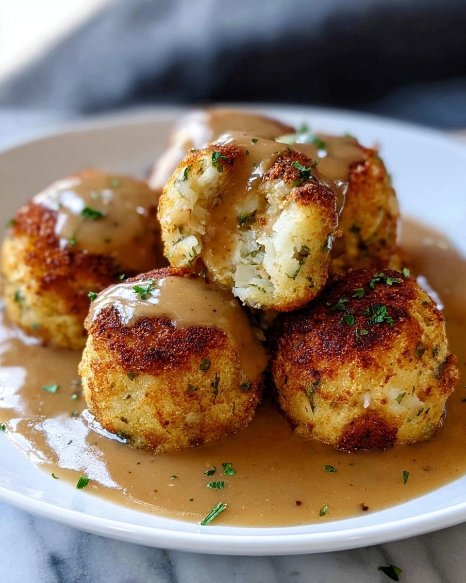 The image shows a white plate filled with five round, golden-brown crispy mashed potato balls arranged in a small heap. Each ball has a crunchy outer layer, and some areas reveal a soft, white mashed potato interior. A smooth brown gravy is generously poured over the potato balls, creating shiny, thick pools around and on top of them, with tiny specks of black pepper visible in the gravy. Small bits of green herbs are scattered on the balls and gravy, adding a touch of color contrast. The background is a white marbled texture. photo taken with an iphone --ar 4:5 --v 7