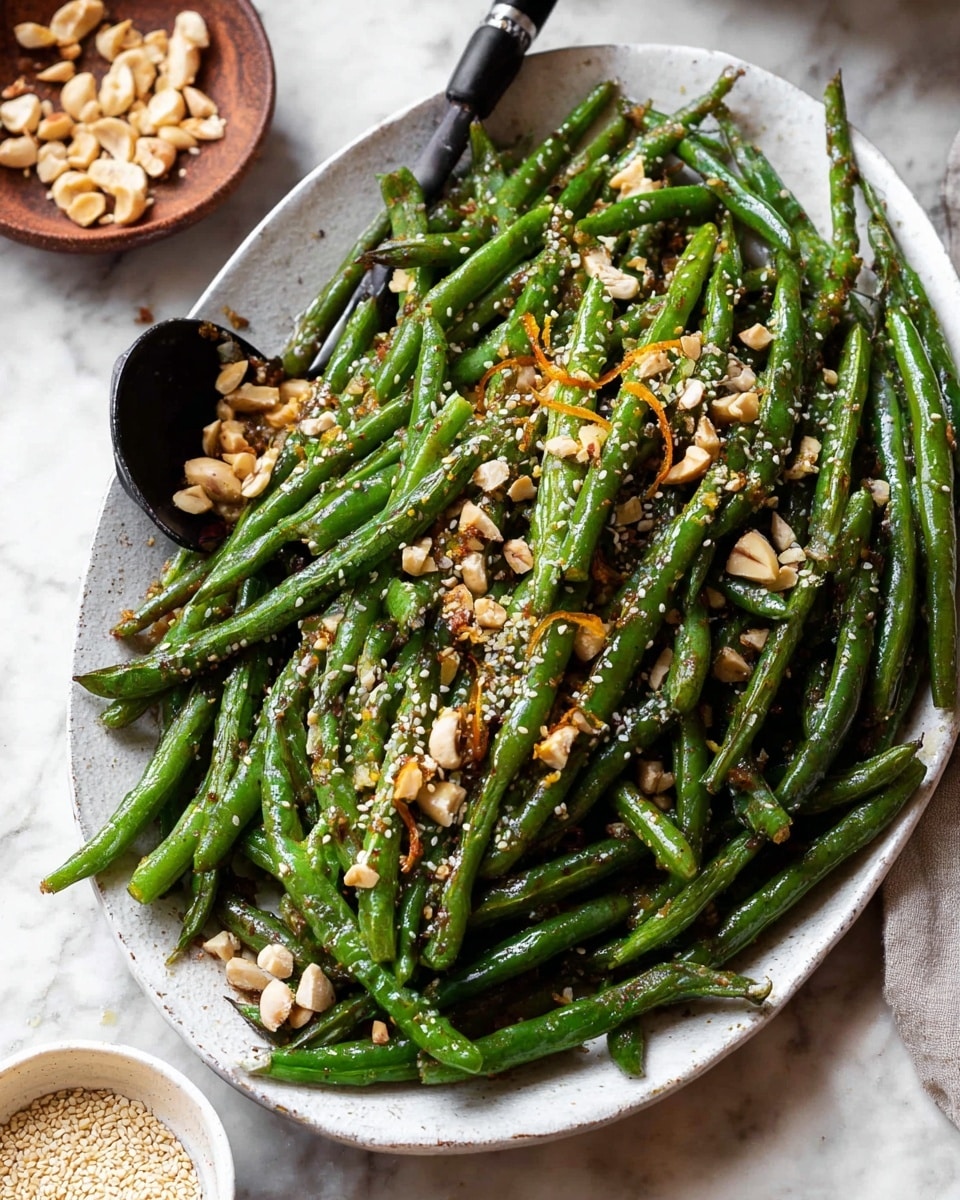 A large white plate filled with cooked green beans that have slight char marks, giving them a mix of bright and dark green colors. On top, there are small chunks of toasted nuts that add light brown and golden tones, as well as tiny white sesame seeds scattered across the green beans. Thin orange zest strips are also spread on the beans, adding contrast. To the side, there is a white bowl containing more chopped nuts and a silver spoon with a black handle inside it. The dish is placed on a white marbled surface with a small white bowl of sesame seeds in the background. photo taken with an iphone --ar 4:5 --v 7