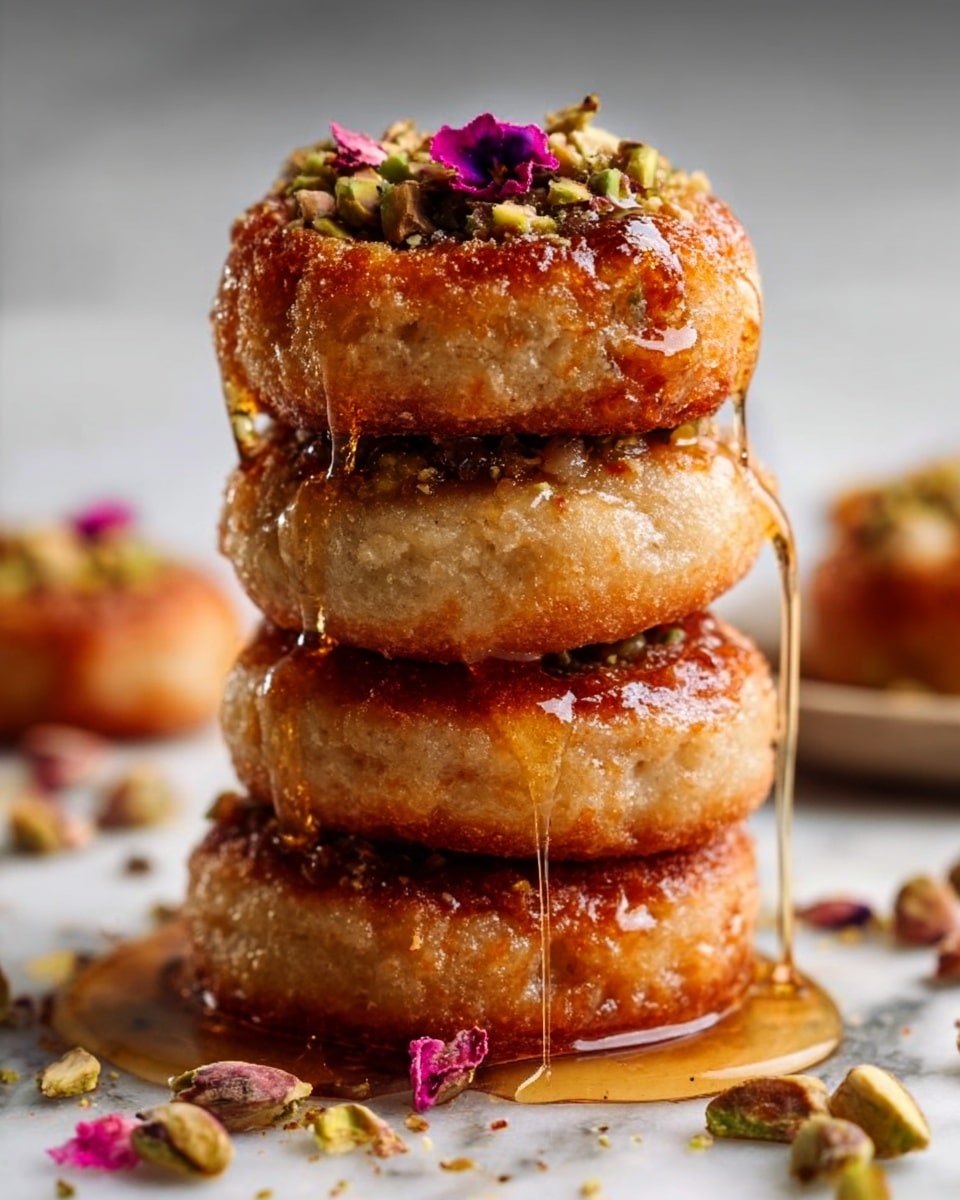 The image shows a stack of four round pastries, each with a golden-brown crispy crust and a sugary coating on the outside. The top pastry is cut open, revealing a moist, dense filling with visible nuts and small bits inside. A sticky, amber-colored syrup drips down from the top pastry, covering the stack and pooling slightly at the base. Around the stack, crushed pistachios and small dried pink rose petals are scattered on a white marbled surface. The background is softly blurred with warm tones, emphasizing the texture and details of the pastries. Photo taken with an iphone --ar 4:5 --v 7
