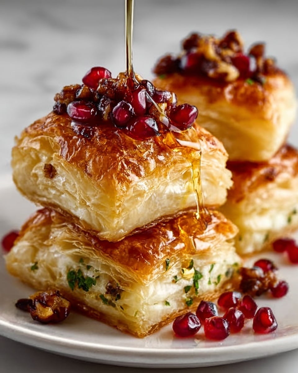 The image shows a close-up of three layers of golden brown, crispy puff pastry squares stacked neatly, each layer light and flaky with visible thin sheets. On top of the pastries, there is a generous layer of shiny caramelized nuts, mixed with red pomegranate seeds that add bright color and texture. A clear, glossy syrup is being poured over the pastries from above, adding a dripping effect on the nuts and edges of the pastries. The pastries sit on a small white plate, placed on a white marbled surface. The overall look is rich, textured, and inviting. photo taken with an iphone --ar 4:5 --v 7