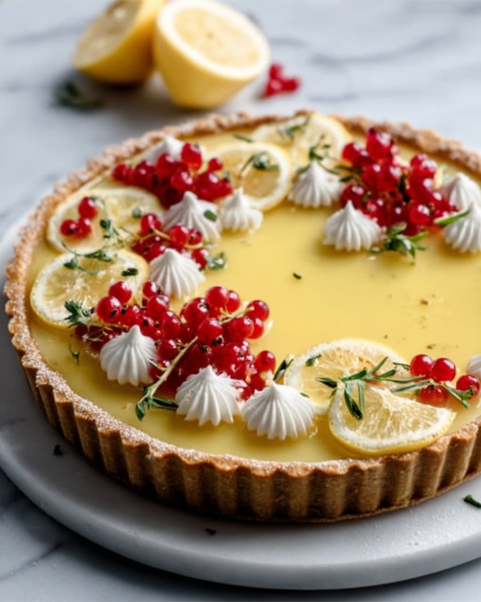A lemon tart sits on a white plate, placed on a white marbled surface. The tart has a light brown crust with a smooth yellow lemon filling inside. Around the edge of the lemon layer, there are dollops of white cream, evenly spaced. On top, thin slices of lemon are placed along with small clusters of bright red currants and sprigs of green herbs for decoration. The overall look is fresh and colorful, with a clean presentation. Photo taken with an iphone --ar 4:5 --v 7