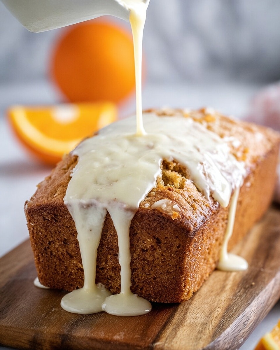The image shows a yellow pound cake with a rough, crumbly texture and a light brown crust. The cake has one thick layer with a shiny white icing glaze that is unevenly spread on the top, dripping slightly over the edges. A slice is cut and placed in front of the cake, showing the soft inside. To the side, there is an orange slice with a bright color. The cake rests on a light wooden board with a white marbled texture in the background. photo taken with an iphone --ar 4:5 --v 7