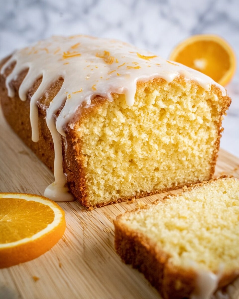 A golden brown loaf cake with a rough, cracked top surface sits on a wooden board. A thick, creamy white glaze is slowly poured over the center from above, dripping down the sides of the cake and pooling slightly at the base. In the blurred background, a halved orange adds a splash of warm orange color. The scene is set on a white marbled textured surface. photo taken with an iphone --ar 4:5 --v 7