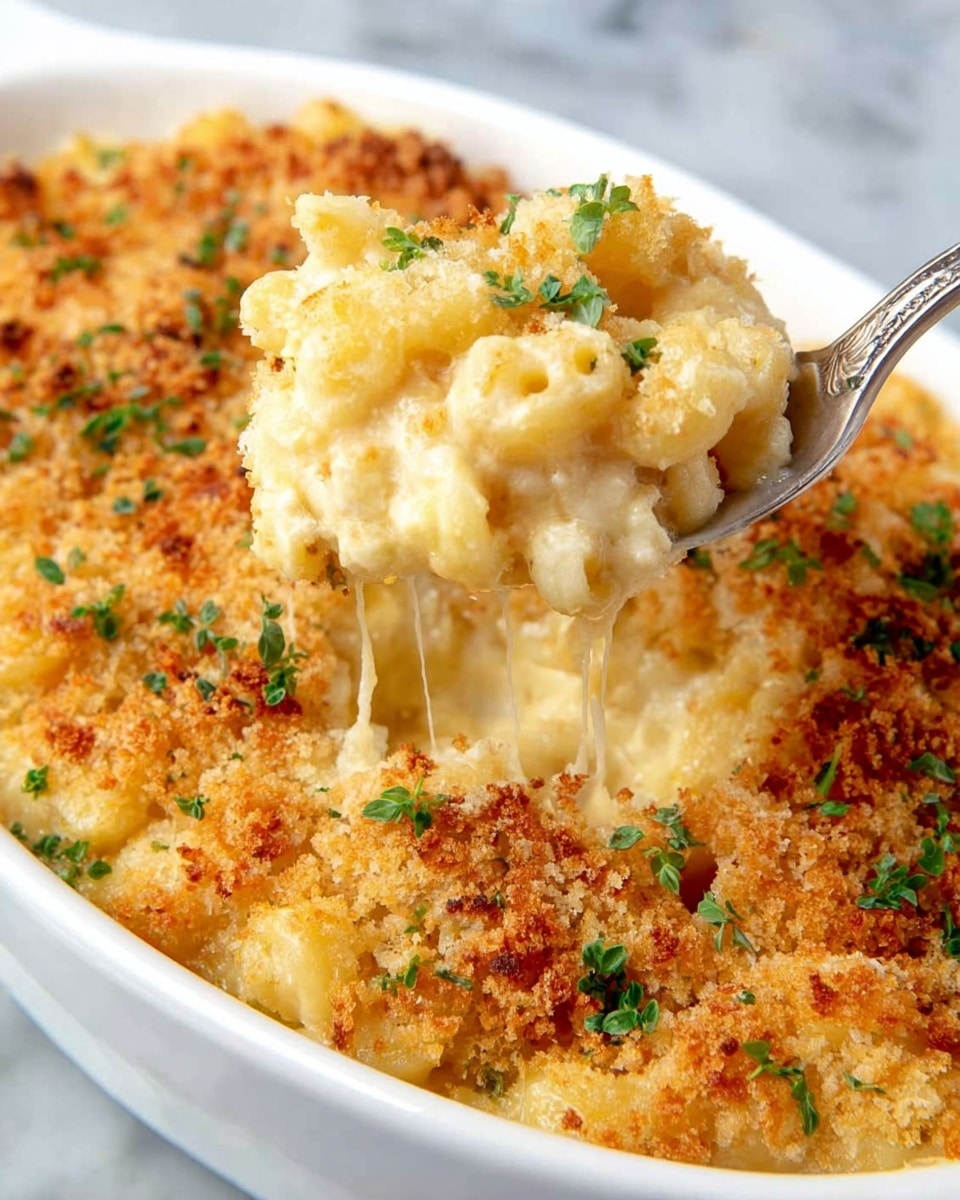 The image shows a close-up of a creamy macaroni and cheese baked in a white rectangular dish. The top layer is golden brown and crispy, made of toasted breadcrumbs with a rough texture and some darker browned spots. Below that is a thick, smooth layer of melted cheese sauce, beige in color, coating soft elbow macaroni pasta with a tender appearance. A metal spoon scoops a portion from the corner, lifting macaroni covered in thick, gooey cheese. The dish sits on a wooden board with a white marbled surface visible in the background. photo taken with an iphone --ar 4:5 --v 7