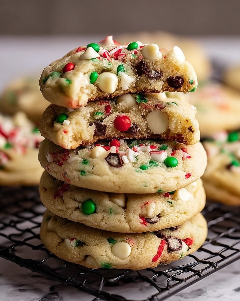A stack of five thick, soft cookies is shown, each cookie embedded with white chocolate chunks, dark chocolate chips, and small red and green candy pieces scattered throughout. The cookies are golden brown with a slightly cracked surface, showing a chewy texture. The top cookie has a bite taken out, revealing a soft, moist inside with rich chocolate and white chocolate pieces. The stack is placed on a black cooling rack with a blurred warm background. photo taken with an iphone --ar 4:5 --v 7