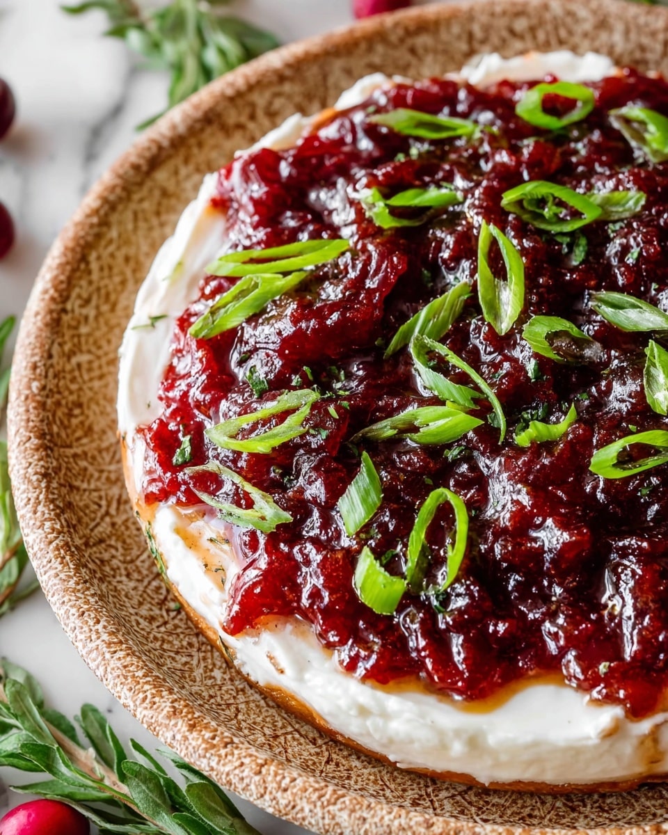 The image shows a three-layer dish served on a white plate with a textured edge. The bottom layer is a smooth, creamy white spread that covers the plate evenly. On top of this is a thick, chunky dark red sauce or jam with a glossy finish that appears rich and slightly textured. Scattered over the red layer are bright green sliced scallions, adding a fresh and vibrant contrast. The background is a white marbled texture with some cranberries and green leaves partially visible near the plate's edge. Photo taken with an iphone --ar 4:5 --v 7