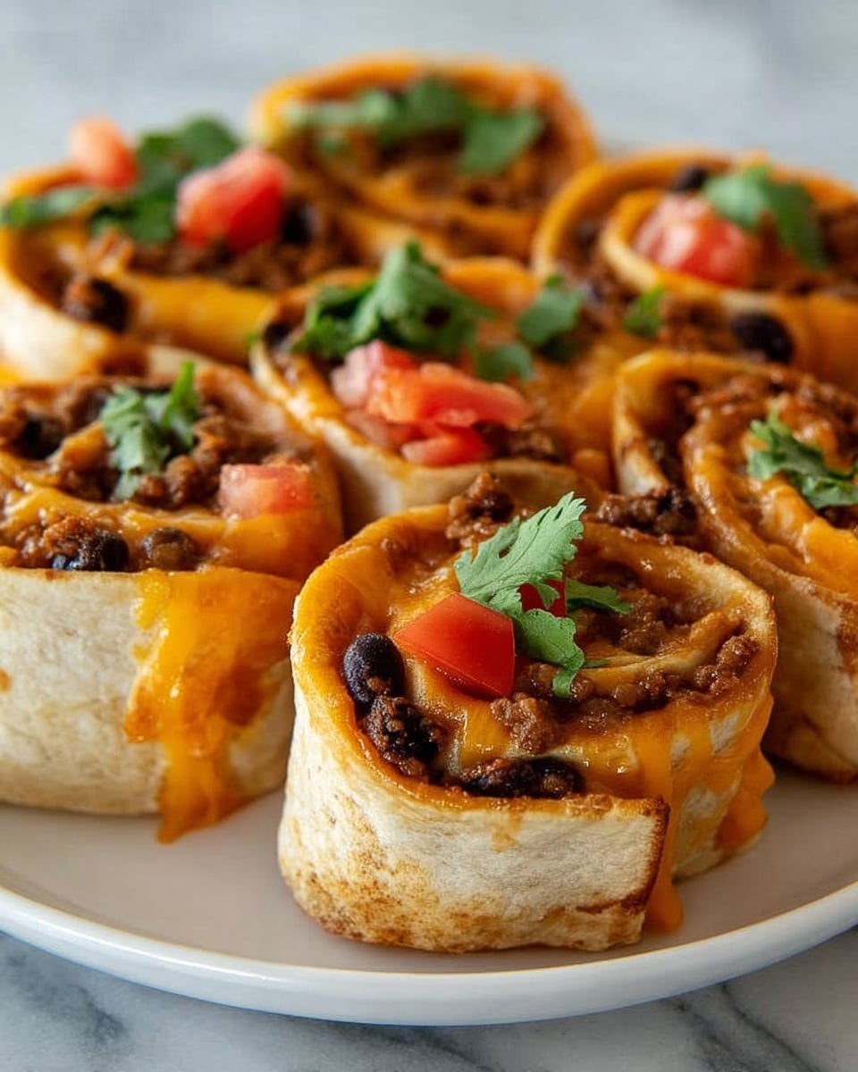 A close-up view of several small rolled tortilla pinwheels arranged closely on a white plate. Each pinwheel has three layers: the outer light tan tortilla wrap with slight browning, the middle layer of crumbly brown cooked meat mixed with black beans, and the top layer of melted orange cheddar cheese that drips a little over the edges. Small diced red tomatoes and green cilantro leaves are scattered on and around the pinwheels, adding fresh color. The background is a white marbled surface. photo taken with an iphone --ar 4:5 --v 7