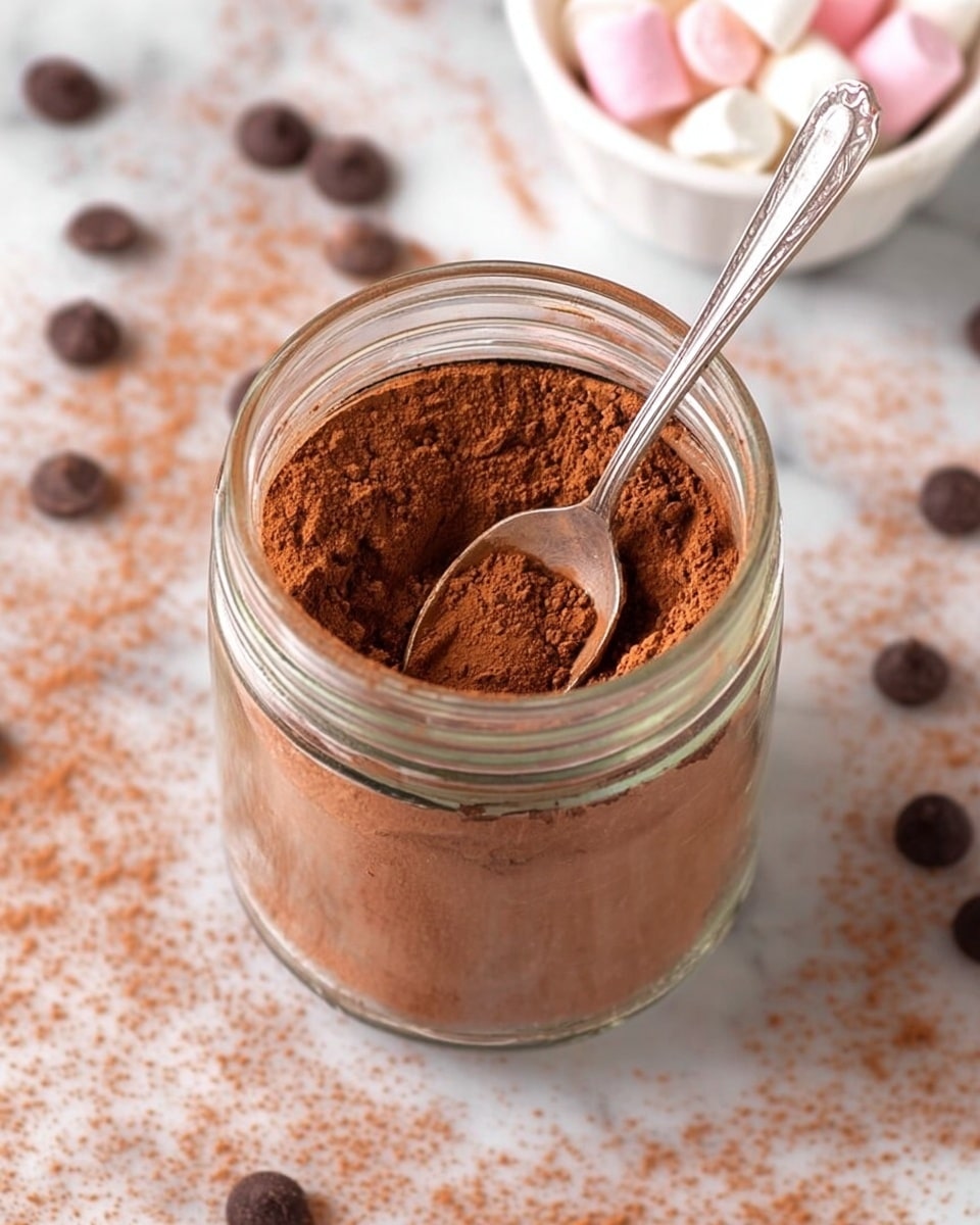A clear glass jar filled with a fine layer of brown cocoa powder sits in the center. A silver spoon with an ornate handle is partially buried in the powder, scooping some of it. Around the jar on a white marbled surface are scattered small dark and light brown chocolate chips and mini white and pink marshmallows placed on a small white dish in the background. The scene is softly lit, highlighting the smooth texture of the powder and the shiny metal of the spoon. Photo taken with an iphone --ar 4:5 --v 7