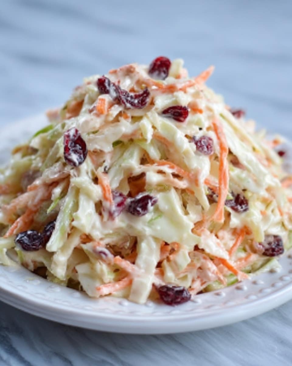 The image shows a green-shaped white plate filled with a creamy coleslaw salad. The dish has visible layers of shredded pale green and white cabbage, thin strips of orange carrot, and small bits of dark red raisins mixed throughout. The creamy dressing coats the vegetables evenly, giving a smooth, slightly shiny texture on top. The plate is placed on a white marbled surface, and the overall look is fresh and crisp. photo taken with an iphone --ar 4:5 --v 7