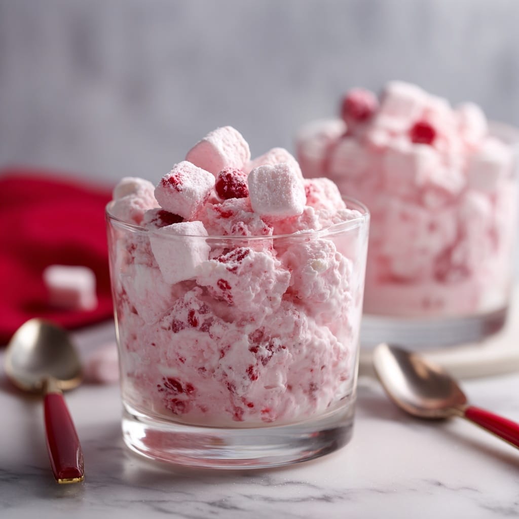 The image shows a clear glass filled with a dessert made of small, soft, light pink marshmallows mixed with reddish crushed berries creating a chunky, creamy texture. The dessert fills the glass fully with some marshmallows and berries peeking above the rim. In the background, there is another identical glass filled with the same dessert, slightly blurred. The scene rests on a white marbled surface with a soft focus on a red cloth and some silverware with red handles placed nearby. Photo taken with an iphone --ar 4:5 --v 7