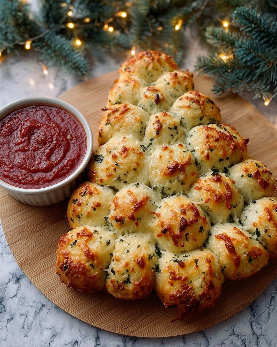 A bread shaped like a Christmas tree, made of small round dough pieces filled with a green herb and cheese mix, showing a golden brown top with melted cheese spots and green herb flakes sprinkled over; it is placed on a wooden board with some green herb bits around it. To the top left of the bread is a small white bowl filled with red marinara sauce, with a spoon inside. The background has some blurred warm string lights and green branches. The whole scene rests on a white marbled texture. photo taken with an iphone --ar 4:5 --v 7
