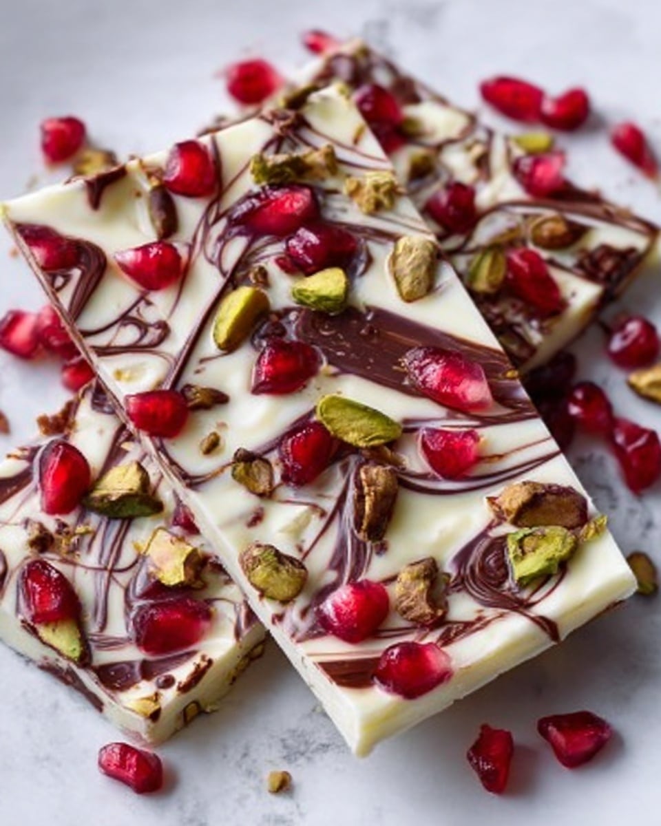 A large, irregular slab of dark chocolate bark is spread out on a white marbled surface, broken into several uneven pieces. The bark is topped with scattered pomegranate seeds giving bright red pops of color, chopped nuts adding rough, light brown chunks, and whole pistachios with a mix of green and tan hues. A woman's hand is gently lifting one piece from the left side. The textures contrast between the smooth, glossy chocolate and the crunchy toppings. Photo taken with an iphone --ar 4:5 --v 7