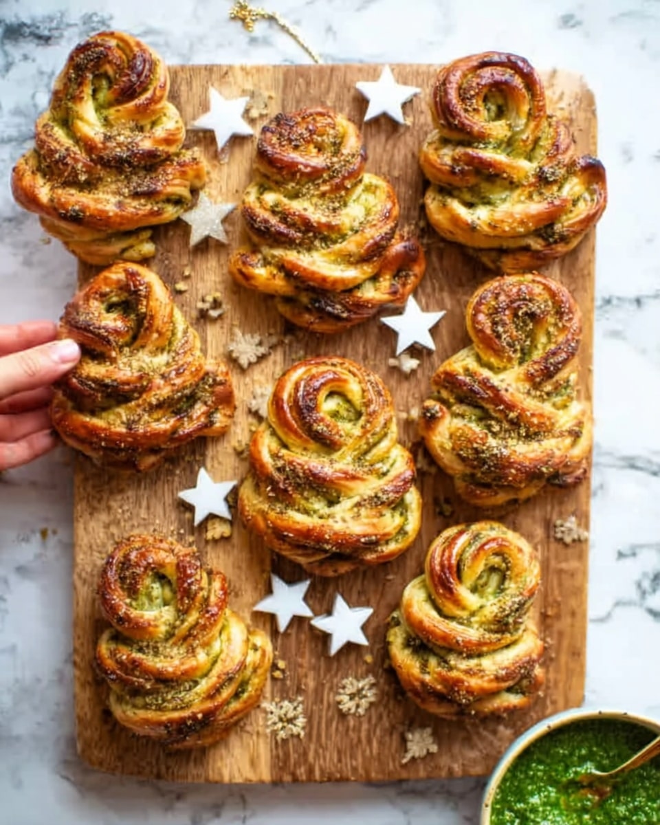 The image shows seven twisted, golden brown puff pastry snacks shaped like Christmas tree spirals on a wooden board. Each pastry has layers of flaky, crispy dough twisted with a green herb or pesto filling visible inside the spirals, giving contrast in color and texture. The tops are slightly darker, showing spots of light browning from baking. There are white star-shaped cookies with black spots around the wooden board, and a white bowl with a green chunky dip on the side. The background is a white marbled texture. Photo taken with an iphone --ar 4:5 --v 7