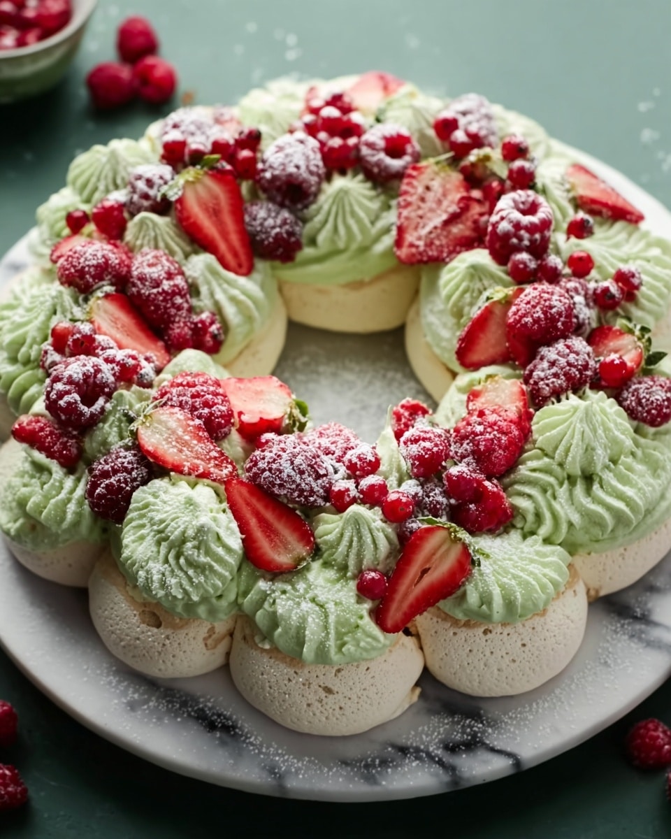 A dessert wreath features about 12 round white meringue bases placed in a circle on a white plate with a white marbled surface underneath. Each meringue base has a thick, pale green whipped cream layer piped on top in large swirls and small dollops. The cream is decorated with halved bright red strawberries, whole raspberries, purple sugared cranberries, and small clusters of red pomegranate seeds. Sprigs of green rosemary are placed among the berries for contrast. The wreath is dusted lightly with powdered sugar, giving a frosty look. Around the plate are bowls and scattered berries for a lively setting. Photo taken with an iphone --ar 4:5 --v 7