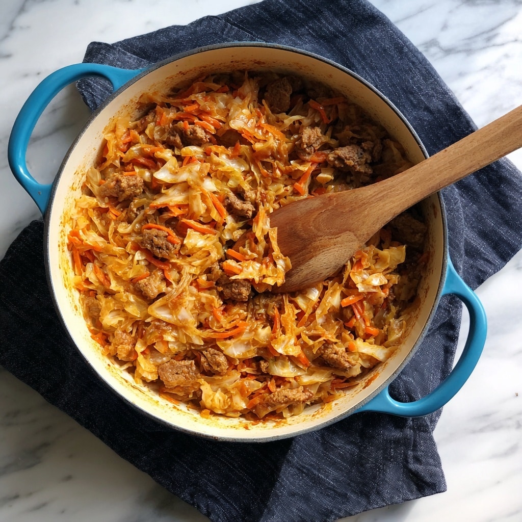 A blue pot filled with cooked mixture of shredded cabbage and chunks of browned meat, all coated in a warm, orange-tinted sauce with some visible shredded carrots, resting on a black cloth over a white marbled surface; a wooden spoon lies on top of the food, partially submerged toward the center, showing the texture of the meat and vegetables. photo taken with an iphone --ar 4:5 --v 7