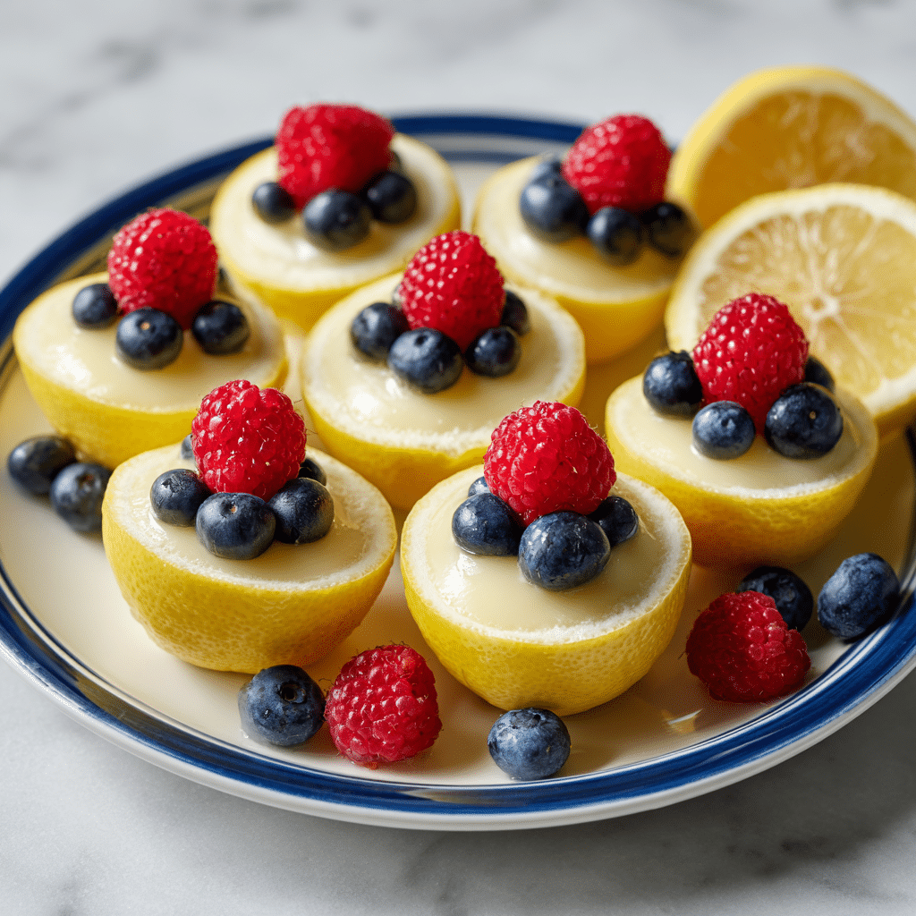The image shows lemon halves hollowed out and filled with a smooth, creamy white filling that reaches the edges of the lemon skin, creating a clean and shiny surface. Each lemon half is topped with one bright red raspberry and two plump, dark blue blueberries, placed near the center. The lemon skins are a vibrant yellow with a slightly rough texture. These lemon halves are arranged closely together on a white plate, which rests on a white marbled texture. photo taken with an iphone --ar 4:5 --v 7