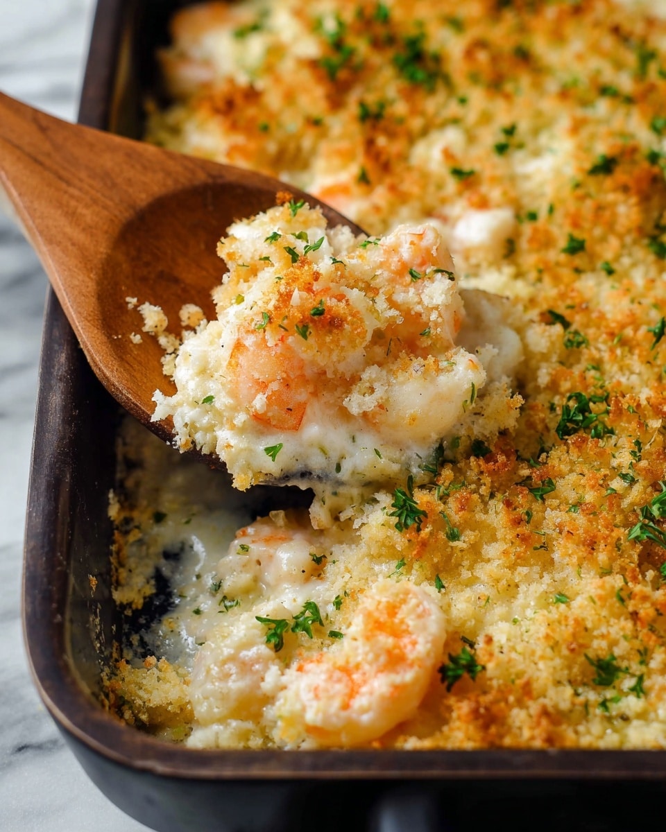 The image shows a close-up of a baked shrimp dish in a dark baking pan, with a wooden spoon lifting a portion. The top layer is golden-brown and crispy with breadcrumbs sprinkled evenly, dotted with small green parsley pieces. Underneath, there is a creamy white sauce with visible chunks of pink shrimp mixed in, some shrimp showing their bright orange tails. The texture looks rich and cheesy, with a soft layer under the crispy top. The scene is set on a white marbled surface. Photo taken with an iphone --ar 4:5 --v 7