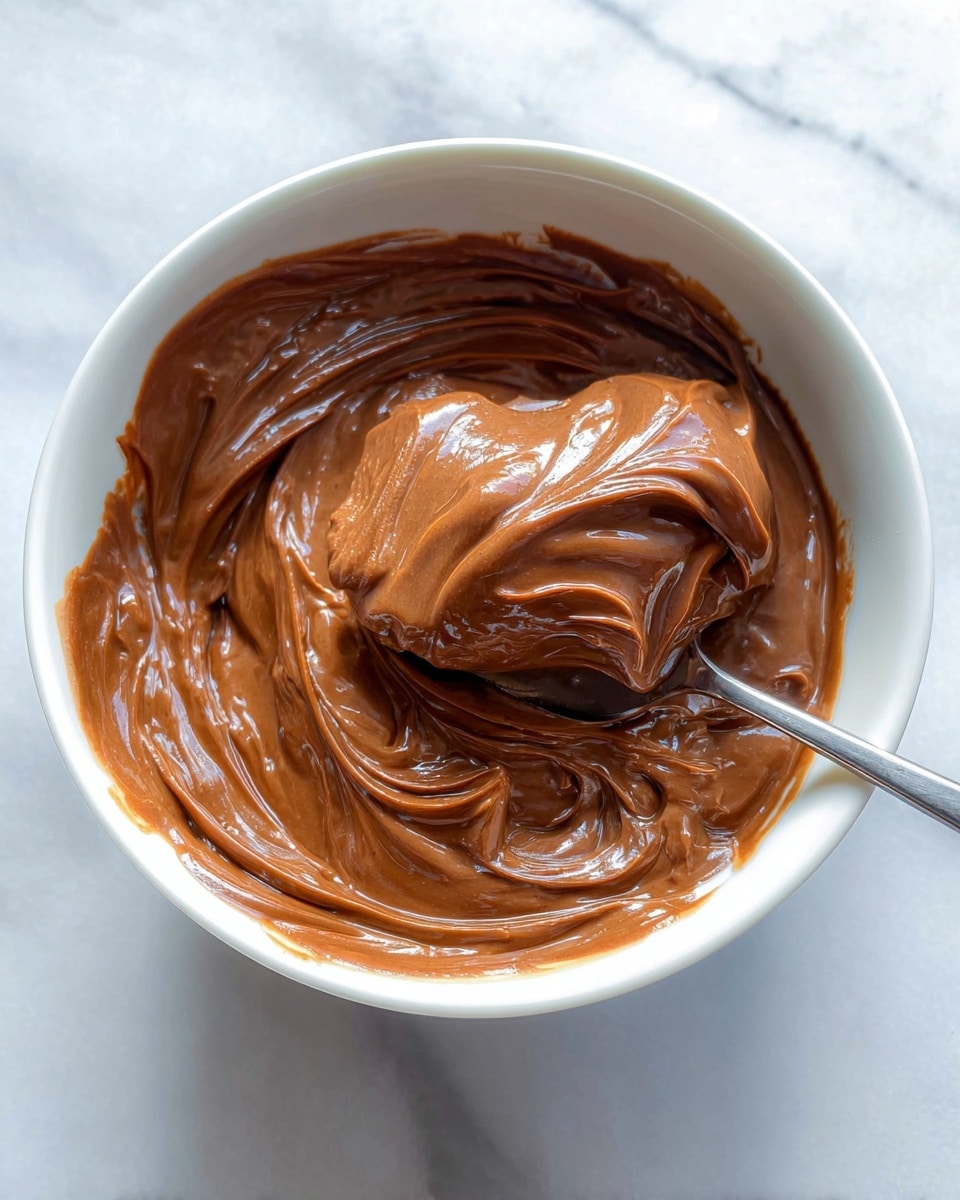 A white bowl filled with a thick, smooth, and creamy chocolate mixture with a glossy texture; the chocolate appears rich and brown with swirls and peaks showing its dense consistency. A silver spoon inside the bowl scoops up some of the chocolate, creating visible soft folds and waves in the glossy surface. The bowl sits on a white marbled texture. photo taken with an iphone --ar 4:5 --v 7