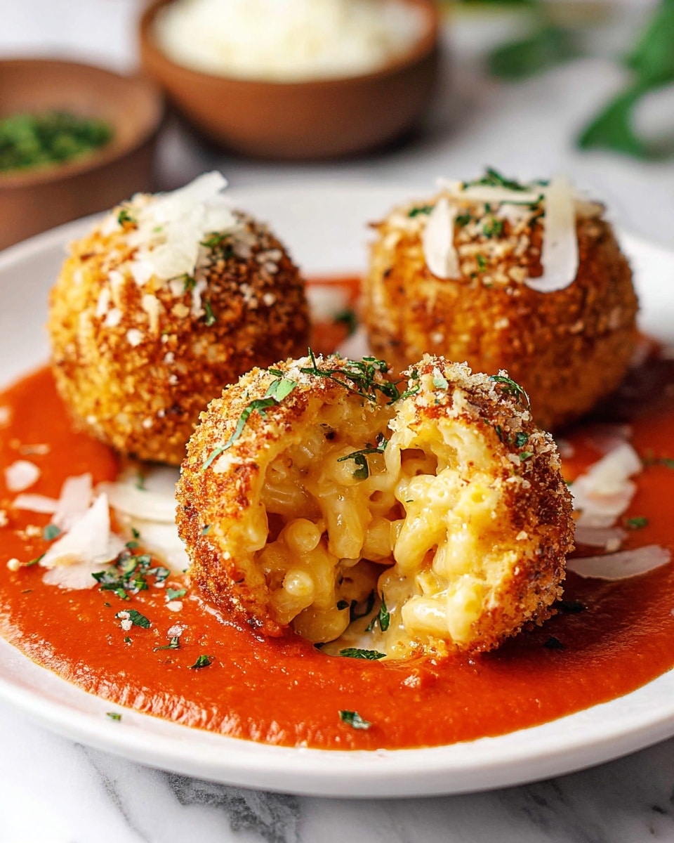 Three golden brown, crispy fried balls sit on a smooth layer of bright red tomato sauce on a white plate. Each ball is coated with coarse, crunchy breadcrumbs and topped with small shavings of white cheese and finely chopped green herbs. One ball in the front is cut open, revealing creamy, pale yellow macaroni and cheese inside with a gooey texture. The plate rests on a white marbled surface, with blurred bowls of white cheese and green herbs visible in the background. photo taken with an iphone --ar 4:5 --v 7