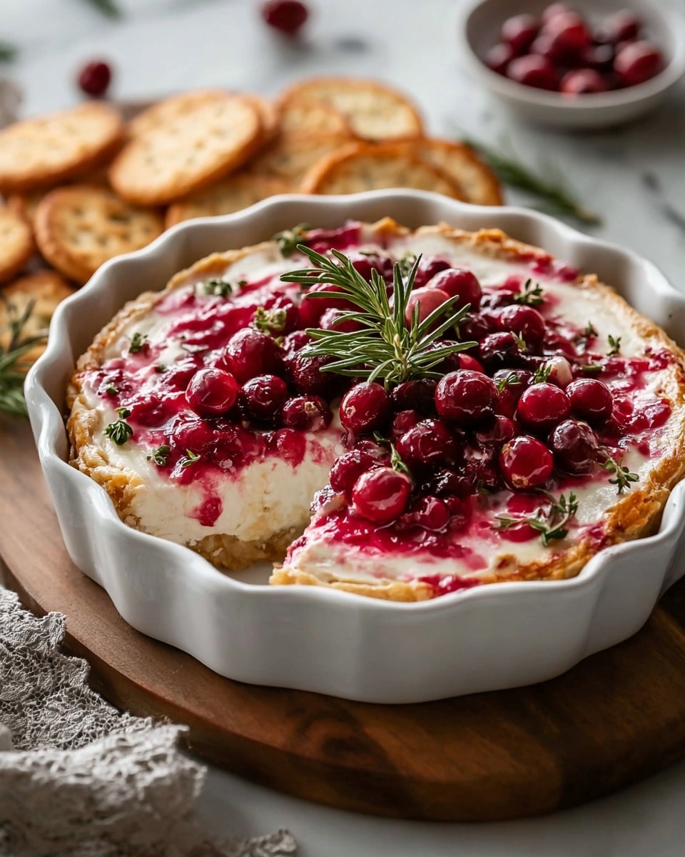 A white scalloped dish holds a tart with three visible layers: a golden brown, flaky crust at the bottom, a thick white creamy layer in the middle, and a topping of bright red cranberries scattered on top with splashes of cranberry sauce creating pinkish swirls. A fresh green rosemary sprig is placed in the center on top of the cranberries, with small green herb leaves sprinkled around. The tart sits on a wooden board, next to a folded light gray lace cloth and some golden brown toasted bread slices, all set on a white marbled surface. Photo taken with an iphone --ar 4:5 --v 7