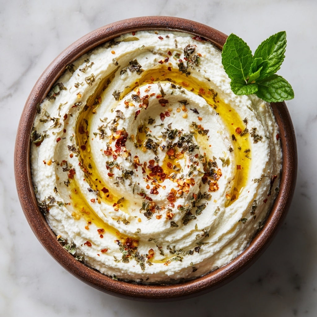 A close-up top view of a creamy white spread swirled smoothly inside a round brown bowl, with three visible textured layers of thick, fluffy cream arranged in concentric circles. The spread is drizzled generously with golden yellow olive oil that pools in the grooves of the swirls, creating a shiny contrast. Scattered finely on top are small dark red chili flakes and a few fresh green thyme leaves, adding color and texture. The bowl sits on a white marbled surface, and the background shows blurred hints of additional ingredients like a small white bowl with spices and a jar. photo taken with an iphone --ar 4:5 --v 7