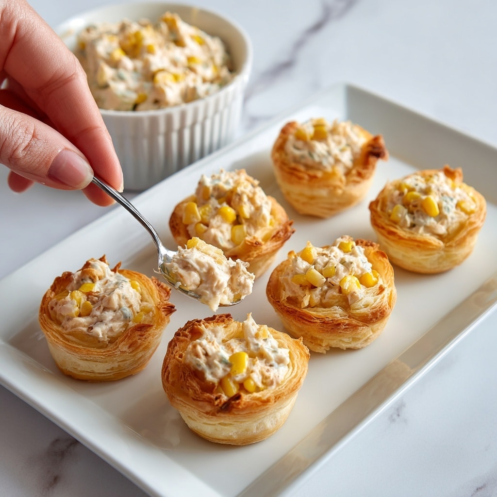 The image shows six small, golden brown puff pastry shells arranged on a white rectangular plate with a slightly shiny texture. Three of the shells are empty, showing their hollow, crispy, layered texture inside. The other three shells are filled with a creamy, light beige mixture containing small pieces of yellow corn and finely chopped ingredients, creating a chunky but smooth texture. A woman's hand holding a silver spoon is placing the creamy filling into one of the empty shells. In the background, there is a white bowl filled with the same creamy mixture. The setting is on a white marbled surface. Photo taken with an iphone --ar 4:5 --v 7