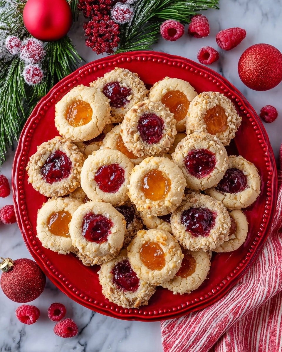 A red plate filled with two types of round thumbprint cookies, each with a light golden base. One type has a center filled with deep red raspberry jam and edges sprinkled with chopped green pistachios, showing a rough nutty texture. The other type has a glossy orange apricot jam center with finely chopped almond pieces around the edges, adding a crunchy look. The cookies are placed closely together, some slightly overlapping. The plate sits on a white marbled surface with fresh raspberries scattered around and green pine branches with red berries and red Christmas ornaments in the background. A red and white striped cloth peeks from the bottom corner. photo taken with an iphone --ar 4:5 --v 7