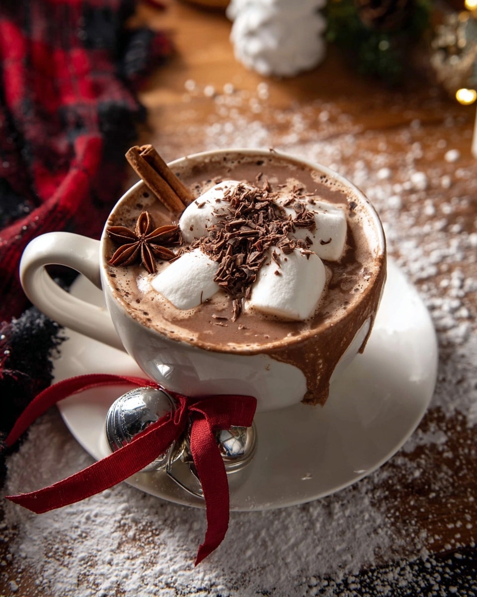 A white cup filled with thick dark brown hot chocolate forms the base layer, topped with a generous mound of soft, white whipped cream dolloped unevenly across the surface. On top of the whipped cream, thin dark chocolate shavings are scattered finely, adding texture and depth. Two brown cinnamon sticks rest diagonally on the cup’s rim, secured with a dark brown star anise. The cup sits on a matching white saucer with pine tree designs along the side, all placed on a rustic wooden surface overlaid with a colorful, soft, knitted fabric in red, blue, and green hues nearby. A shiny silver jingle bell with a red ribbon is to the side, enhancing the festive feel. Photo taken with an iphone --ar 4:5 --v 7