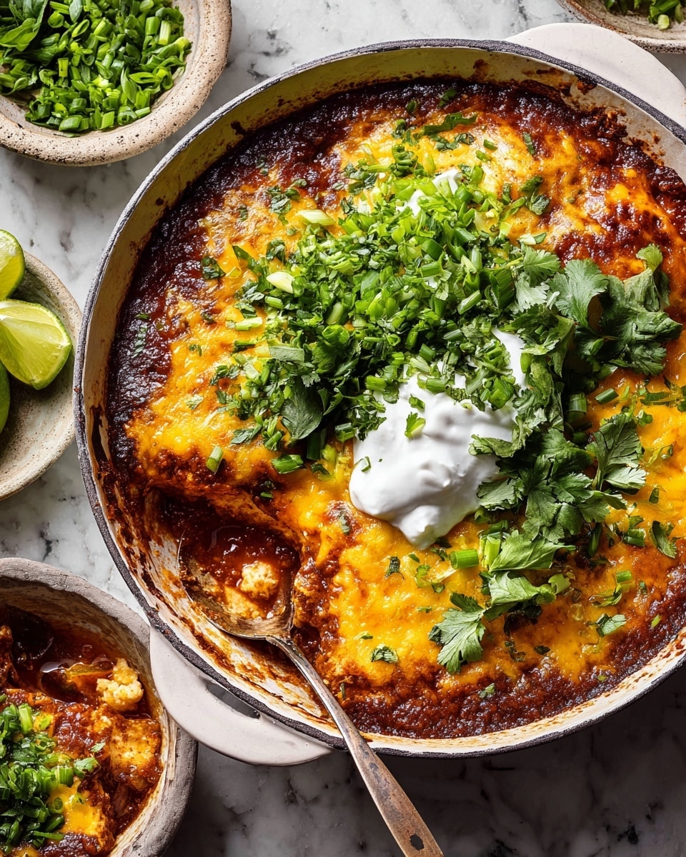 A round white speckled skillet filled with a thick, rich, dark brown sauce forms the bottom layer, bubbling slightly around the edges. On top of the sauce is a melted golden-yellow cheese layer, slightly browned in spots, covering most of the surface. In the center, a dollop of white sour cream sits, partly covered by a generous sprinkle of bright green cilantro leaves and thinly sliced green onions scattered over the middle. The skillet handle is visible, resting on a wooden surface with a few halved limes and a pink patterned bowl with extra cilantro nearby, all against a white marbled texture backdrop. photo taken with an iphone --ar 4:5 --v 7