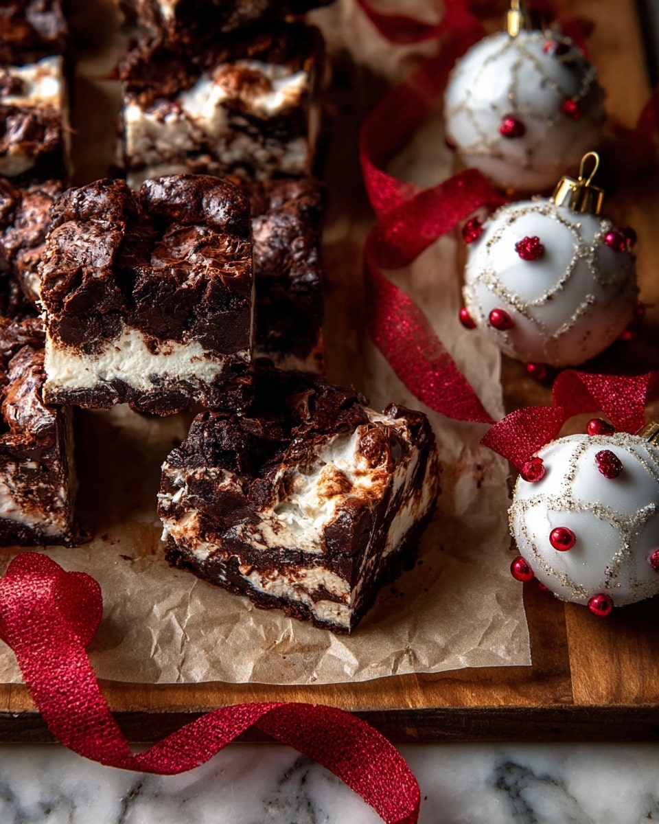 The image shows several square pieces of rocky road with two visible layers: a dark brown chocolate layer with a rough, cracked surface on top, and a thick white marshmallow layer with a gooey texture underneath; the pieces are placed on parchment paper along with a rich red ribbon weaving through and two shiny white Christmas ornaments decorated with red glitter and small beads, all arranged on a warm wooden surface replaced by a white marbled texture. photo taken with an iphone --ar 4:5 --v 7