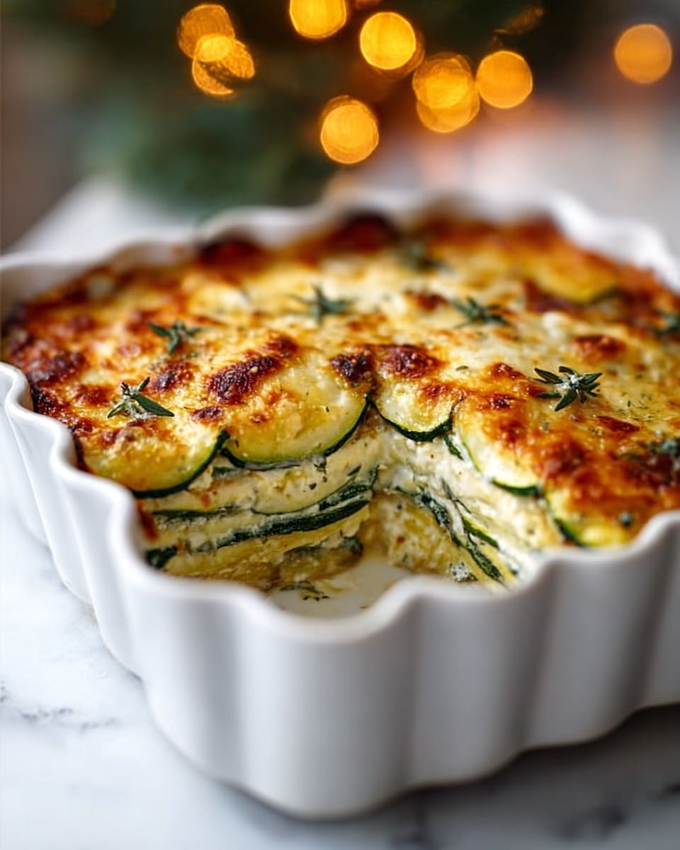 The image shows a white rectangular baking dish filled with a baked layered vegetable casserole. The top layer is made of golden brown cooked eggplant slices arranged in a slightly overlapping pattern, with some visible wilted green spinach leaves underneath. The creamy sauce covers the vegetables, giving a smooth texture with small browned spots. The edges of the dish show some cooked, slightly crispy sauce residue. The dish sits on a surface with a white marbled texture. Photo taken with an iphone --ar 4:5 --v 7