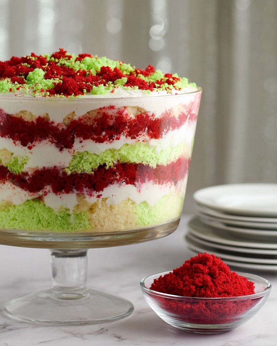 The dessert is presented in a clear glass bowl showing multiple layers: starting from the bottom, there is a thick green crumb layer followed by a white creamy layer, then a red crumb layer, and another white creamy layer on top. The surface is decorated with scattered green and red cake crumbs, giving it a colorful, textured look. Two small clear bowls with more red and green crumbs are placed nearby on a white marbled surface, along with a silver spoon and a stack of white plates in the background. photo taken with an iphone --ar 4:5 --v 7